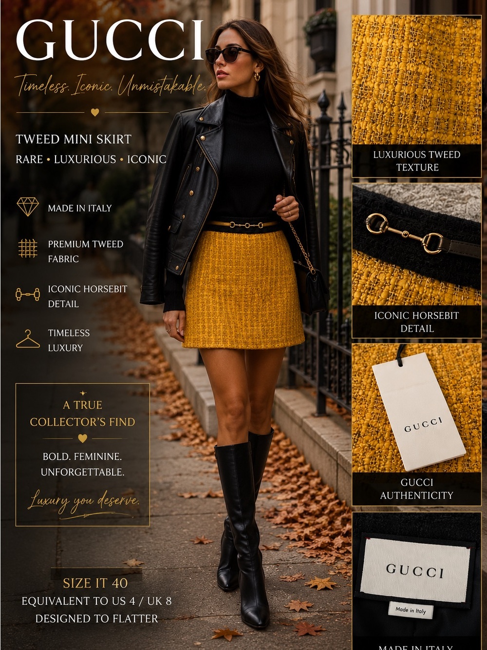GUCCI Mustard Tweed Mini Skirt with Black Horsebit Waist